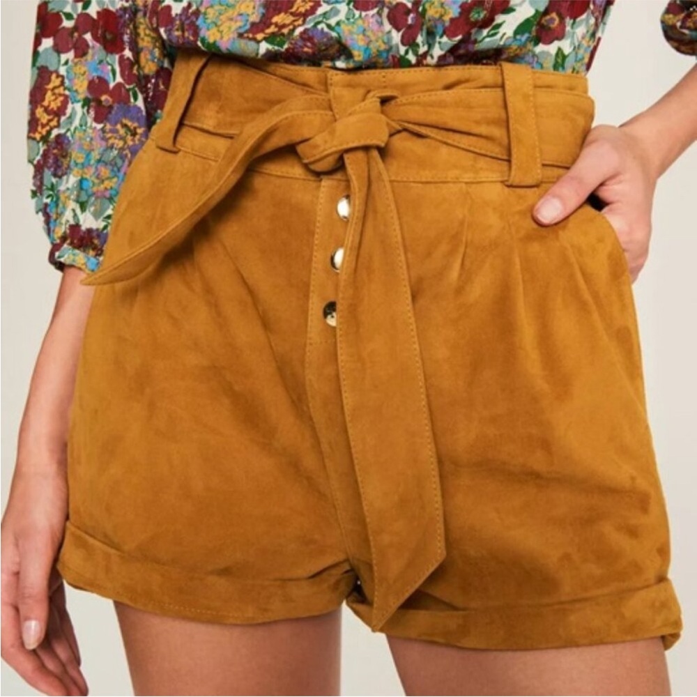 NWT Ba&Sh Liam 100% Goat Leather Cognac Camel Belted Snap Front Shorts Large